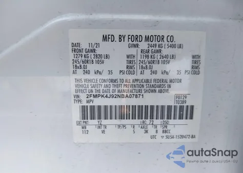 2022 Ford Edge Sel из США, поврежденный, VIN 2FMPK4J92NBA07871